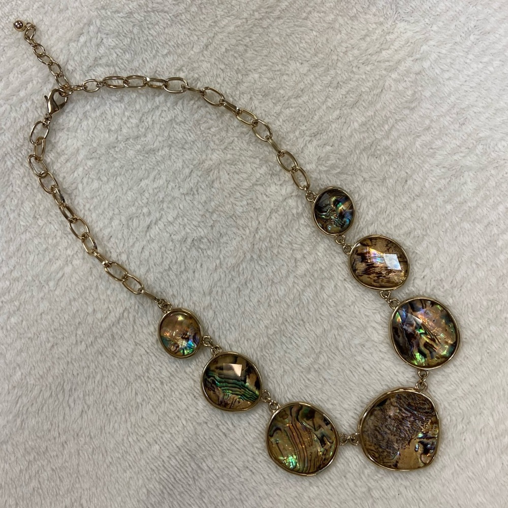 Iridescent, Gold, and Black inside Clear Faceted Medallions on Gold Necklace